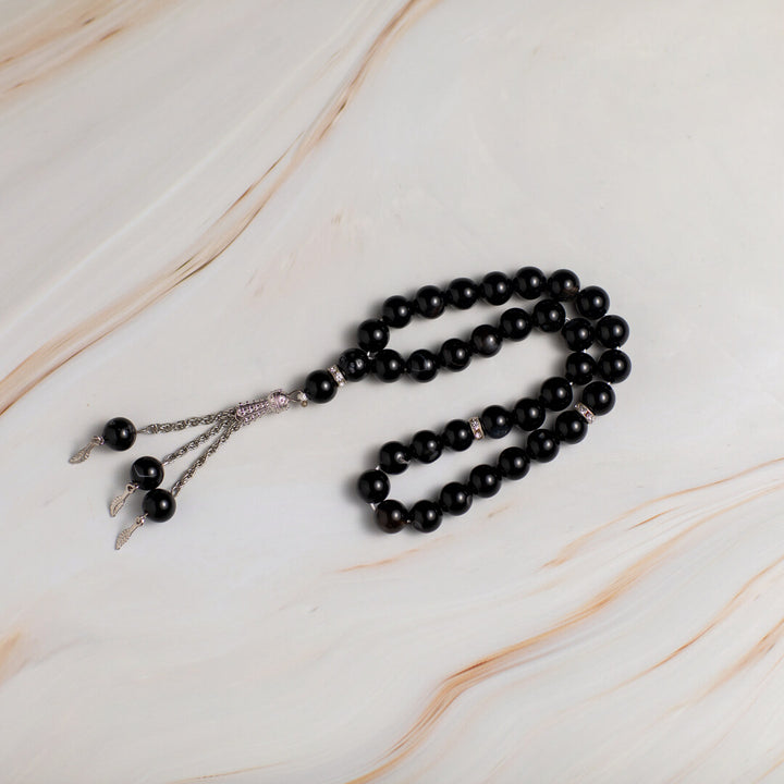 Black Quartz Stone Tasbeeh – 33 Beads for Zikr & Quranic Recitation