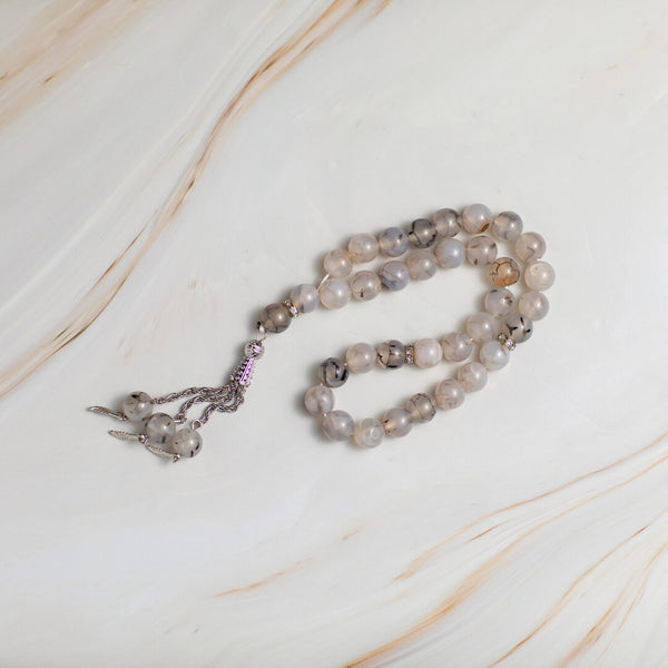 Gray Tree-Pattern Quartz Tasbeeh – 33 Beads for Zikr & Quranic Recitation