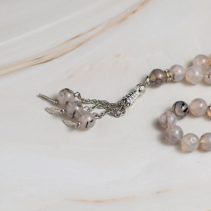 Gray Tree-Pattern Quartz Tasbeeh – 33 Beads for Zikr & Quranic Recitation