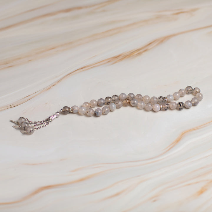 Gray Tree-Pattern Quartz Tasbeeh – 33 Beads for Zikr & Quranic Recitation