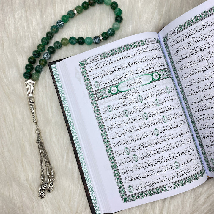 Holy Quran with 3 Bookmarks -  Marble Green & Gold Cover | Perfect Medium Size for Reflection – 14×20 cm