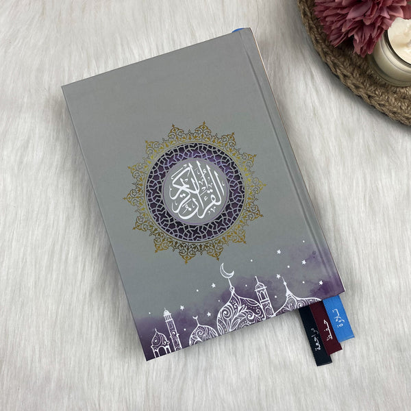 Holy Quran with 3 Bookmarks - Purple & Grey Cover | Perfect Medium Size for Daily Recitation and Study – 14×20 cm
