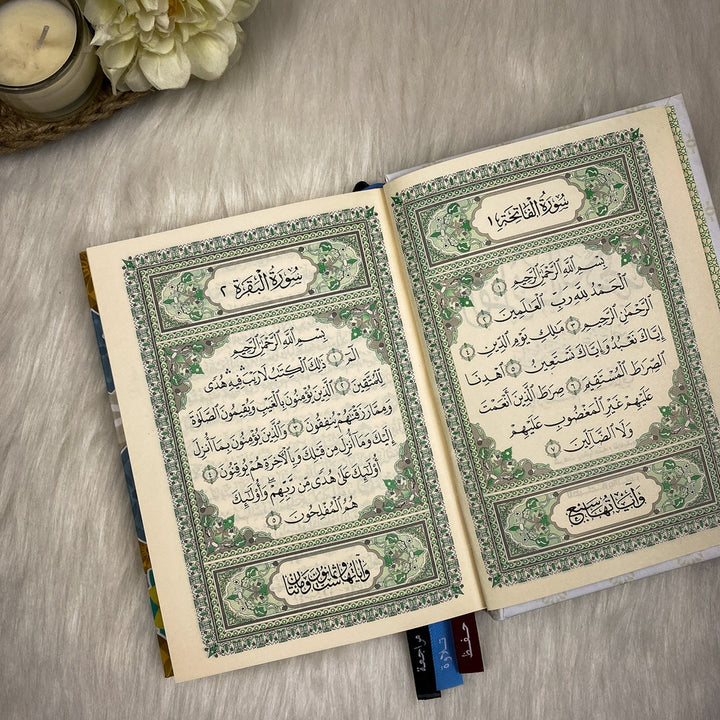 Holy Quran with 3 Bookmarks - Turquoise Pattern Cover | Perfect Medium Size for Worship and Study  – 12×17.5 cm