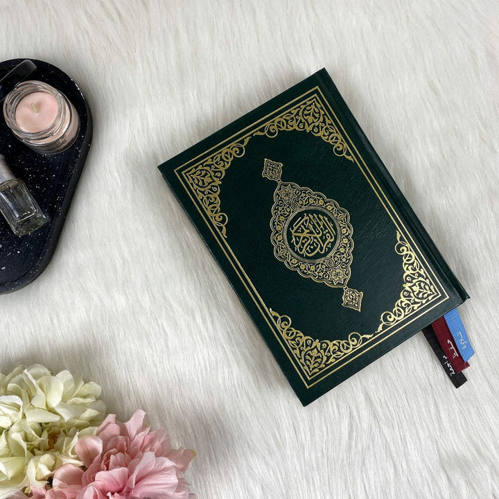 Holy Quran with 3 Bookmarks – Golden Green Cover | Medium Size 14×20 cm