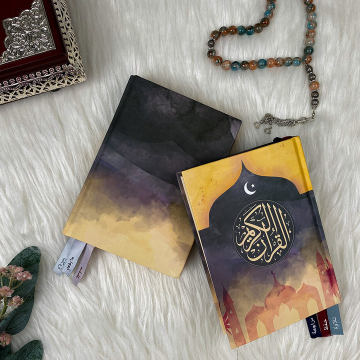 Holy Quran with 3 Bookmarks – Gradient Purple, Yellow, and Black Cover | Perfect Medium Size for Daily Worship – 17.5×12 cm