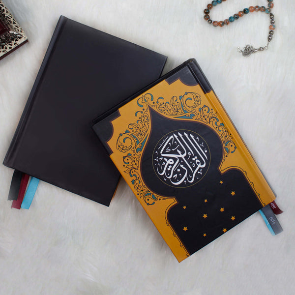 Holy Quran with 3 Bookmarks – Mosque-Themed Orange & Black Cover | Perfect Medium Size for Worship and Reflection – 17.5×12 cm