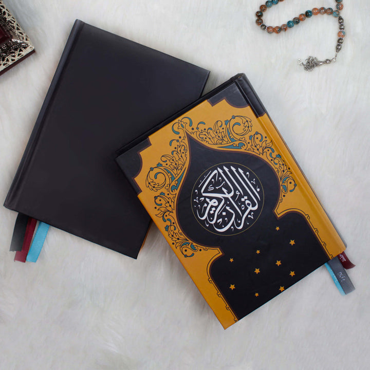 Holy Quran with 3 Bookmarks – Mosque-Themed Orange & Black Cover | Perfect Medium Size for Worship and Reflection – 17.5×12 cm