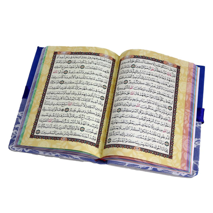 Holy Quran with Elegant Lace Cover & Colorful Edges | Perfect Medium Size for Study & Daily Recitation – 14×20 cm.