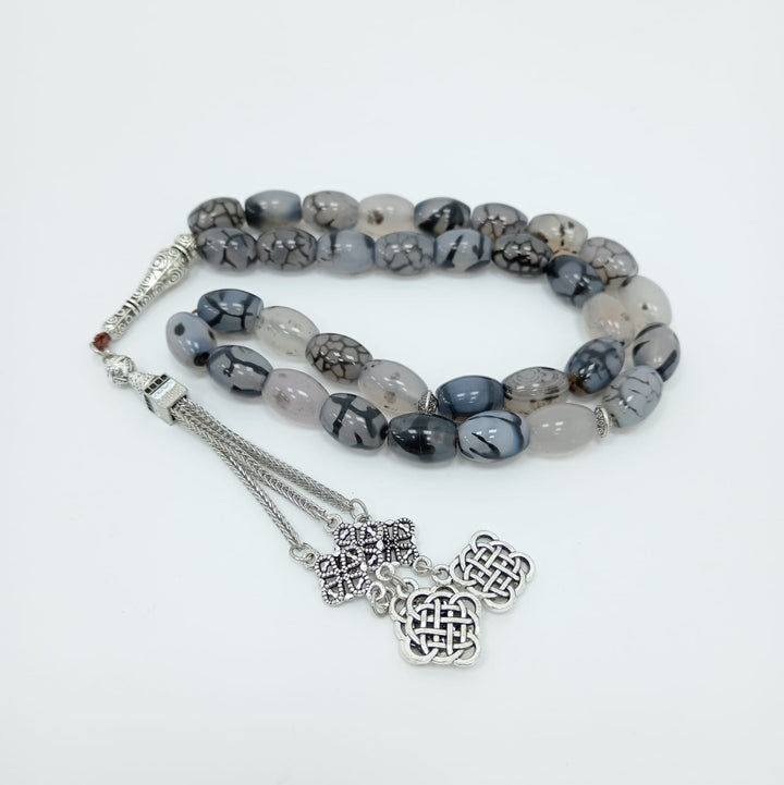 Luxury Natural Agate Tasbeeh – 33 Polished Beads with Elegant Silver Accent for Meaningful Worship