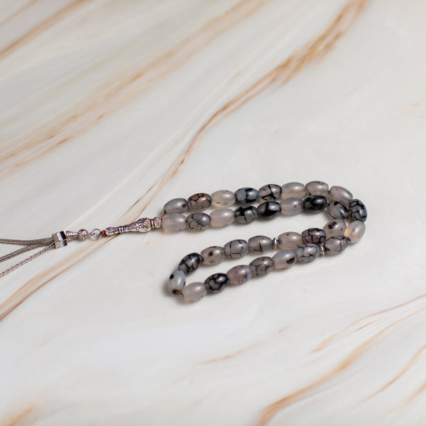 Luxury Natural Agate Tasbeeh – 33 Polished Beads with Elegant Silver Accent for Meaningful Worship