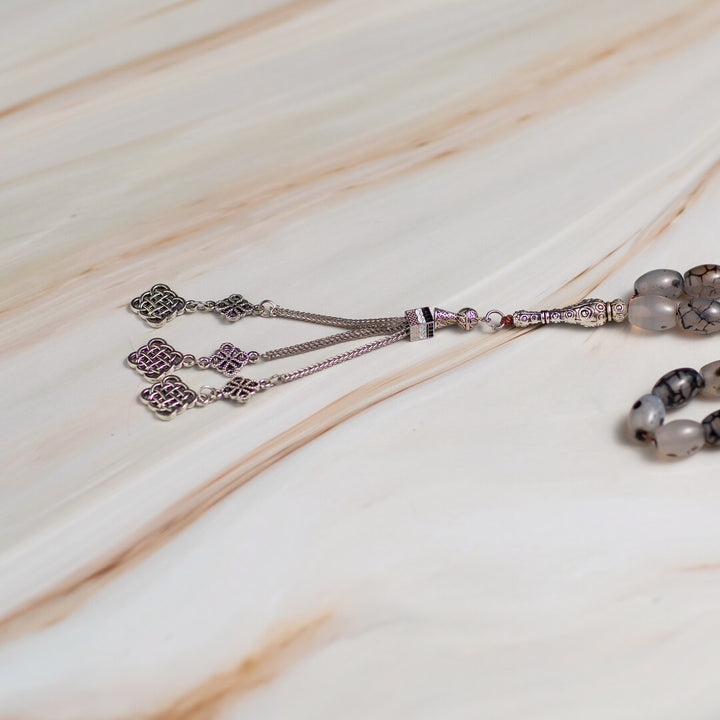 Luxury Natural Agate Tasbeeh – 33 Polished Beads with Elegant Silver Accent for Meaningful Worship