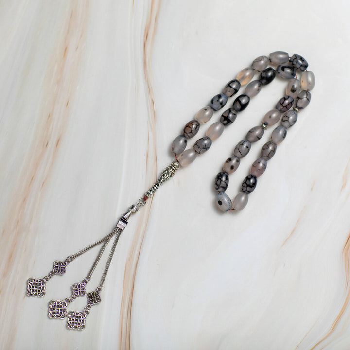 Luxury Natural Agate Tasbeeh – 33 Polished Beads with Elegant Silver Accent for Meaningful Worship