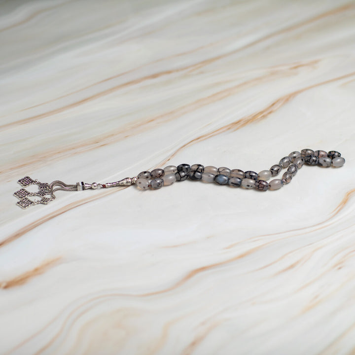 Luxury Natural Agate Tasbeeh – 33 Polished Beads with Elegant Silver Accent for Meaningful Worship