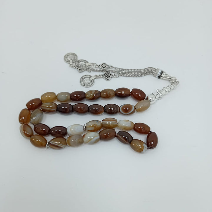 Multicolored Natural Agate Tasbeeh – 33 Beads in Brown & Beige Shades for Daily zikr and Worship Experience