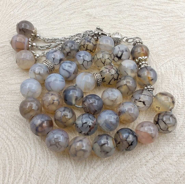 Natural Agate Stone Mesbah – Grey Gradient – Islamic Prayer Beads for Quran & Worship