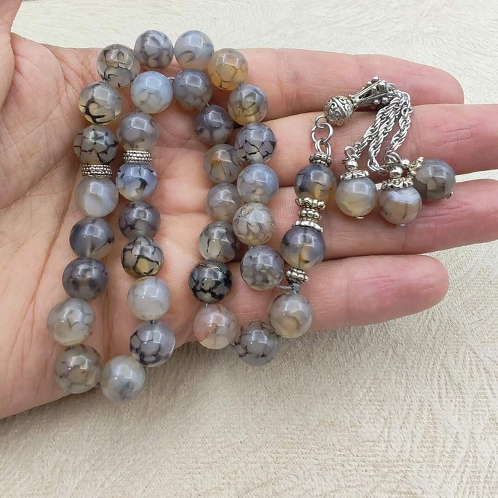 Natural Agate Stone Mesbah – Grey Gradient – Islamic Prayer Beads for Quran & Worship