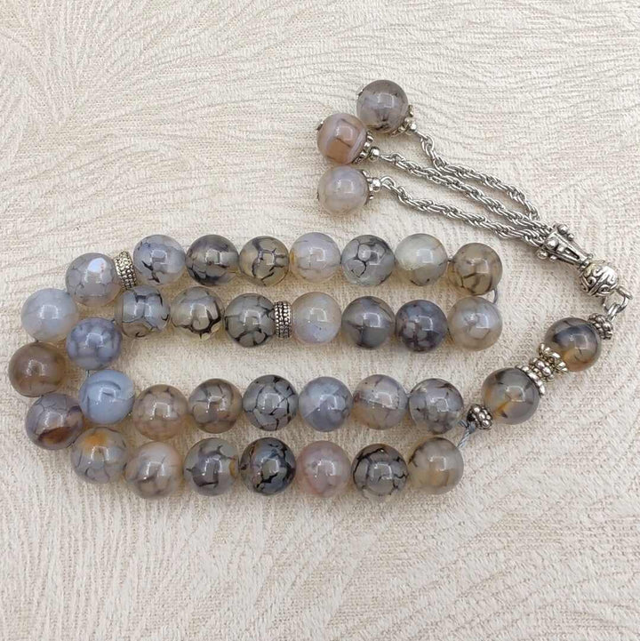 Natural Agate Stone Mesbah – Grey Gradient – Islamic Prayer Beads for Quran & Worship