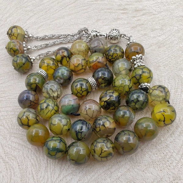 Natural Agate Stone Mesbah – Olive Green Gradient for Worship and Quranic Reflection