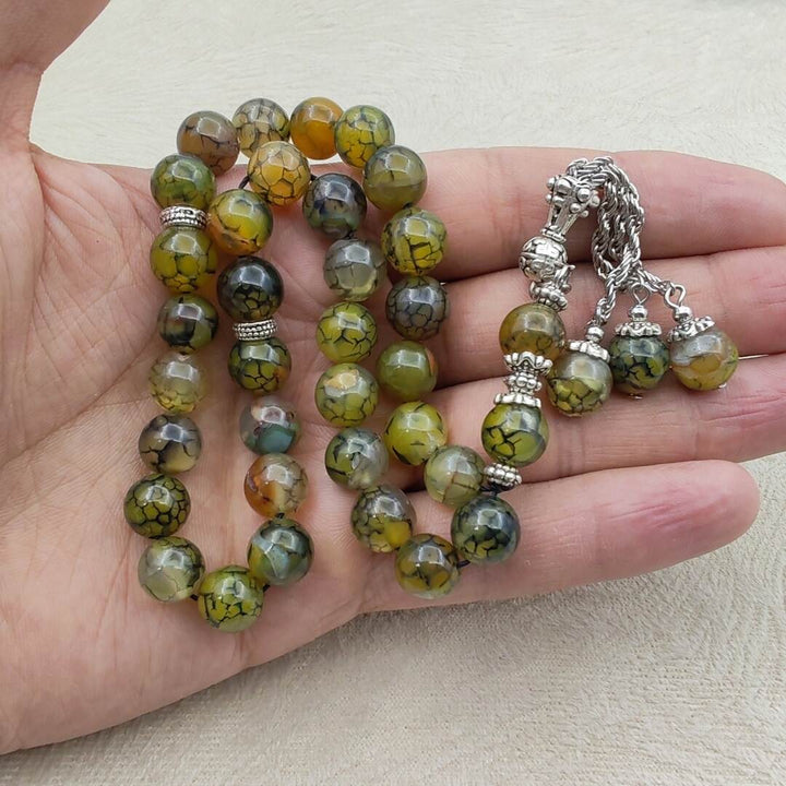 Natural Agate Stone Mesbah – Olive Green Gradient for Worship and Quranic Reflection