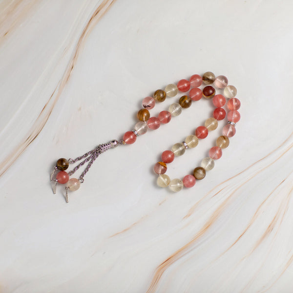 Pink and White Quartz Stone Tasbeeh – 33 Beads for Zikr & Quranic Recitation